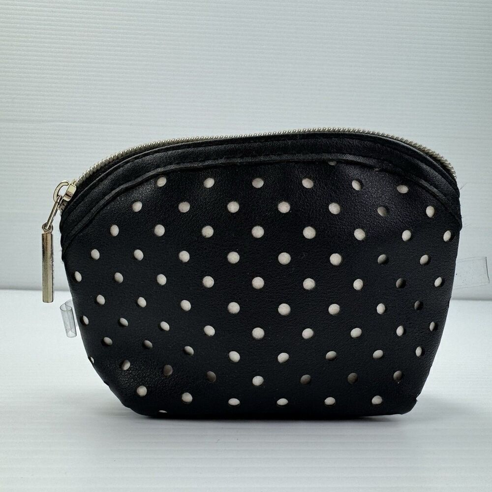 Jones New York Signature Black Polka Dot Faux Leather Makeup Cosmetic Pouch Bag